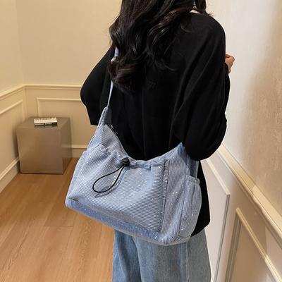 Women's Corduroy Sequin Bag Large Capacity Shoulder Crossbody Tote Bag