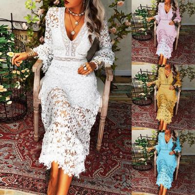 White Bohemian Lace Long Dress Sexy Beach Skirt Women Casual Vestidos Elegant Summer Dress