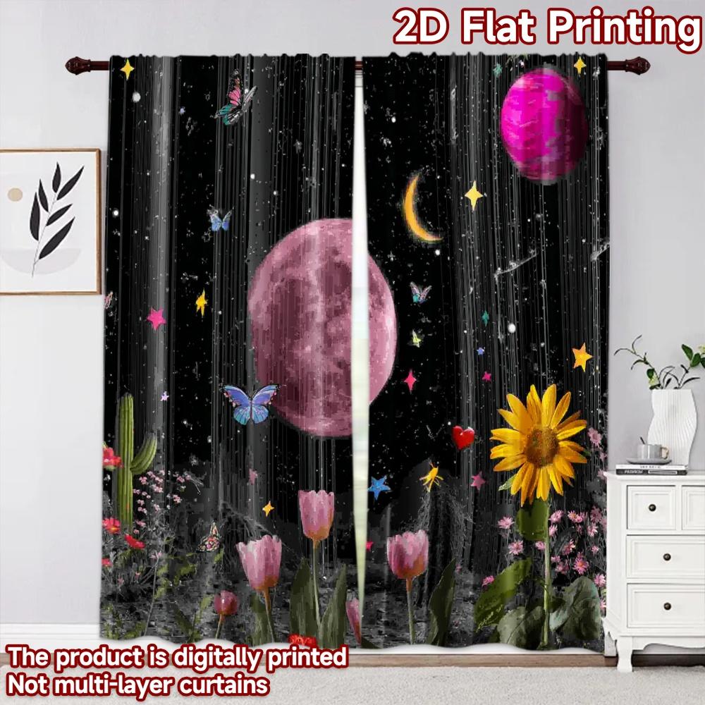 2D flat printing 2pcs Curtain Party Curtain Cosmic Moon and Butterflies Digital Printed Polyester Drapes Family Party Decoration