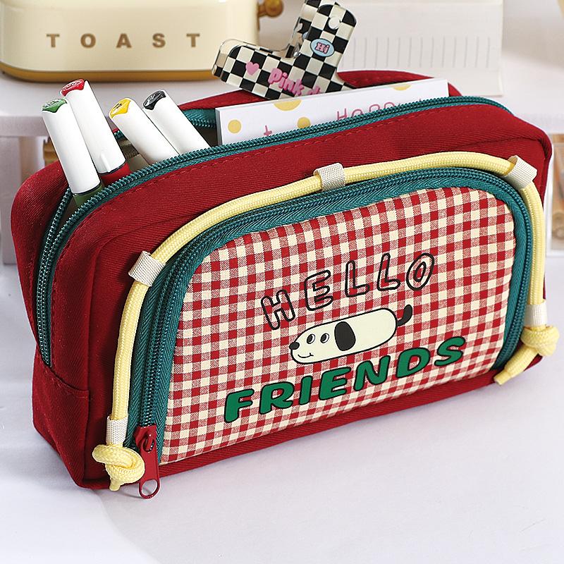 1pcs Lovely Dog Pencil Bag Pen Case, Cute Cartoon Retro Plaid Pattern Large Capacity Storage Pouch for Stationery Student