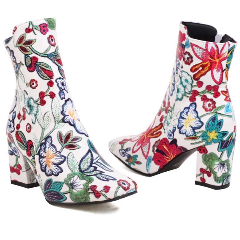 Sexy Ankle Boots for Women 2026 Autumn Winter Shoes Flower Print Short Boot Heels Party Shoes Ladies Brand Big Size 45