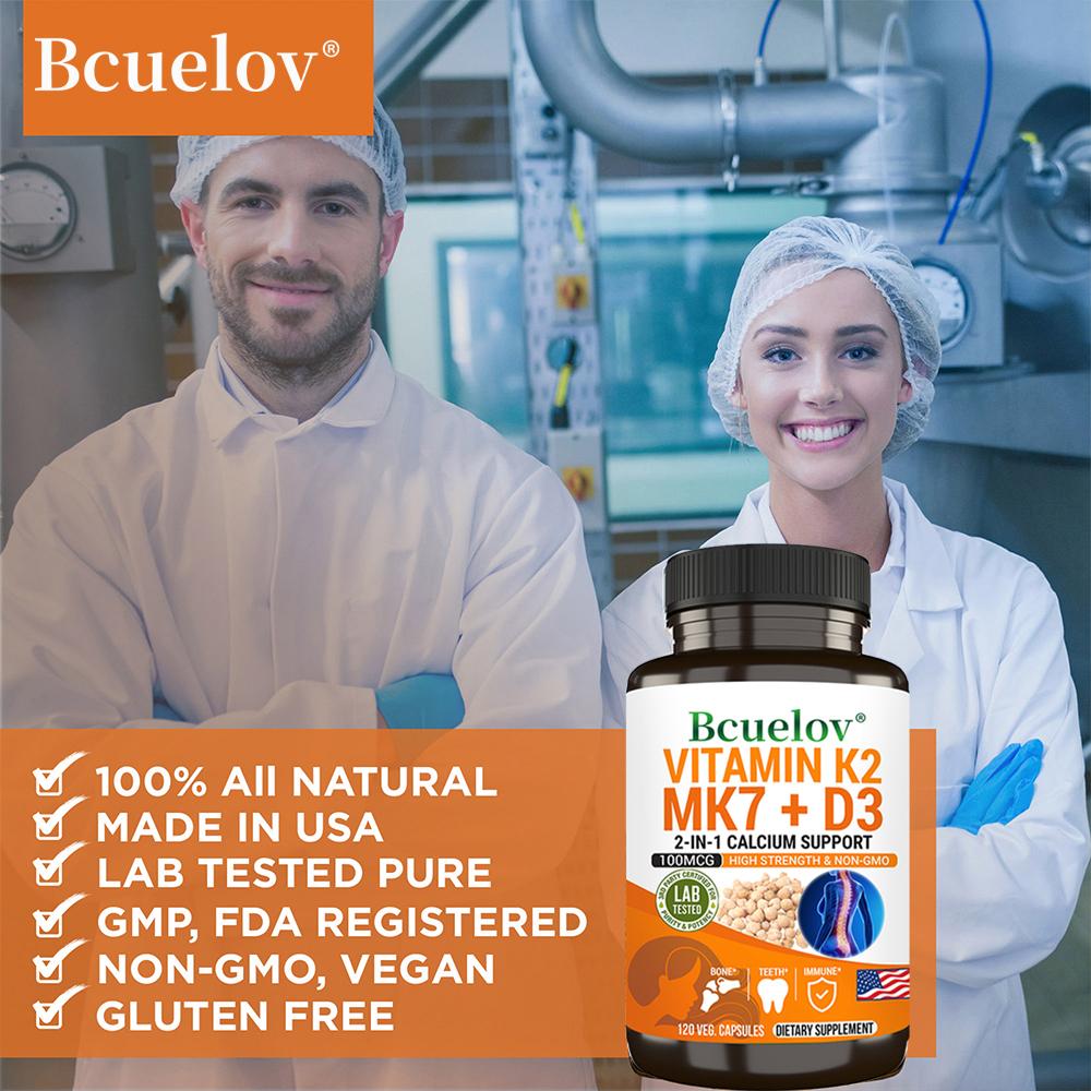 Bcuelov Vitamin K2 MK7+D3 Capsules100mcg K2+25mcg D3 2-in-1 Calcium Absorption Formula Helps with Bone Health