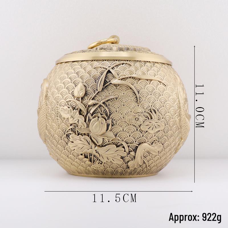 

Brass Koi Tea Caddy: Double Fish Bronze Storage Jar & Ornament for Home or Office