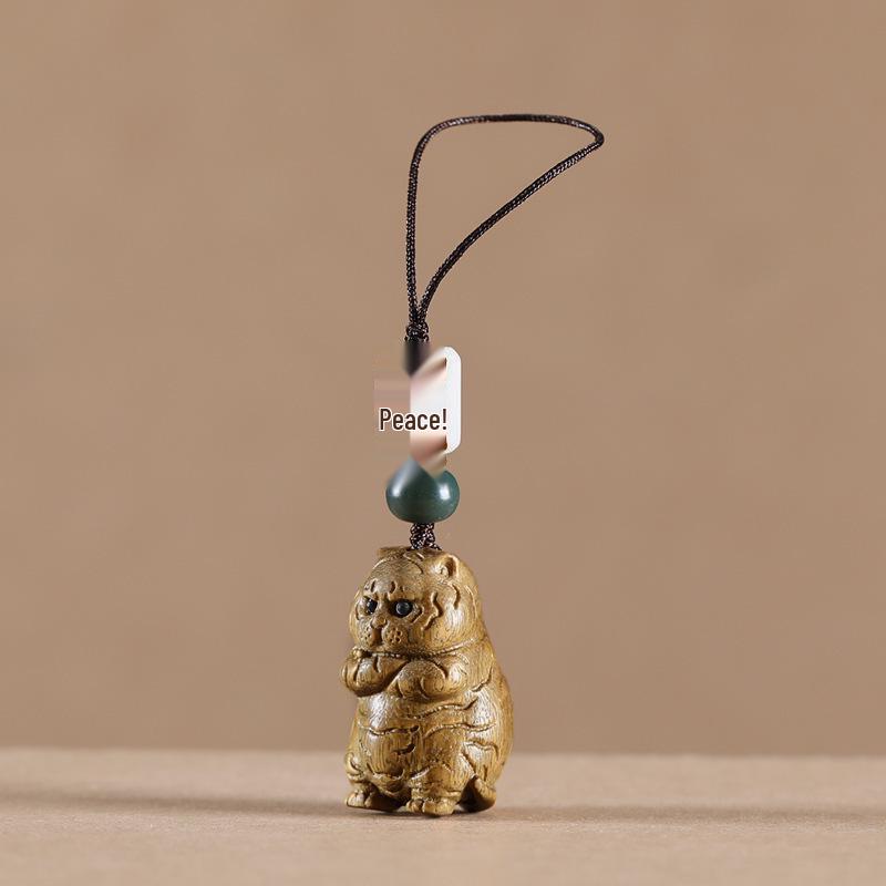 Green Sandalwood Zodiac Tiger Keychain & Handwoven Phone Chain - Unisex Cartoon Bag Charm