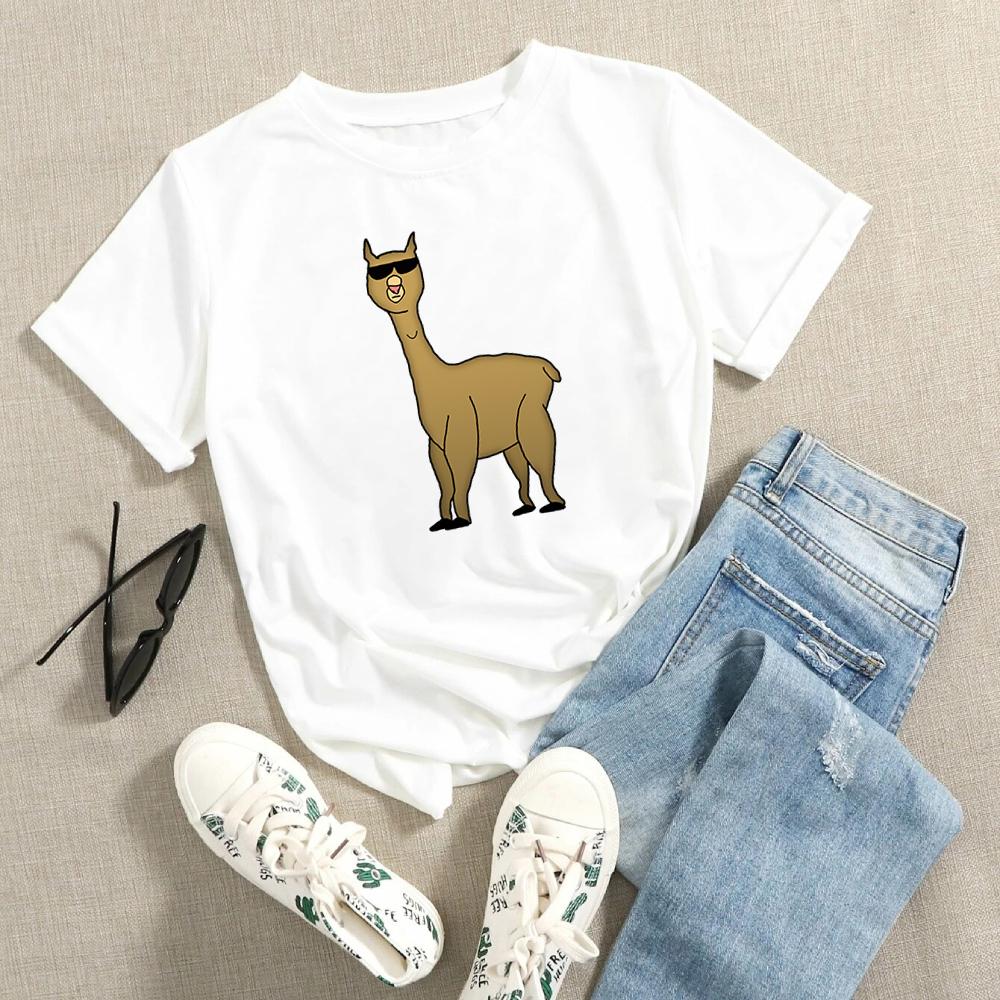 

Alpaca Print Women s T-Shirts Black And White Graphic Tee Shirt Summer Personality Funny Simple Harajuku Short Sleeve Top Tumblr S білий