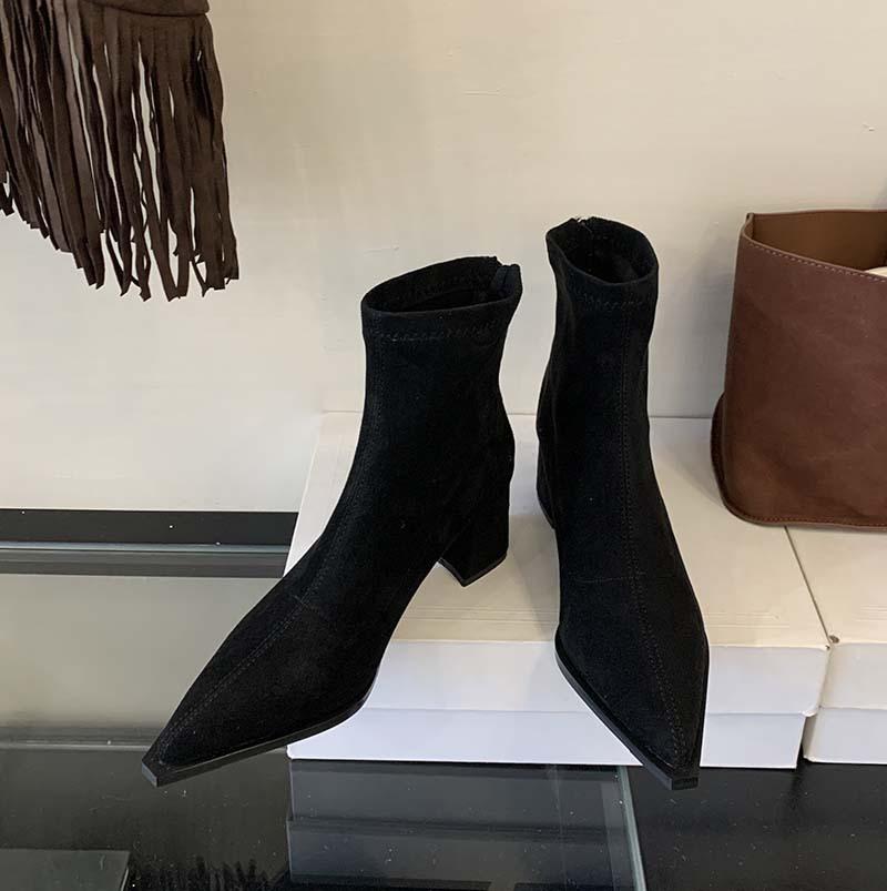 Pointed Short Boots Women's 2025 Autumn and Winter New Women's Boots Thick Heel Short Boots High Heels Niche Boots Suede Thin Boots