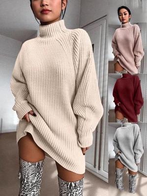Women's Autumn/Winter Knitted Sweater Dress with Medium-Long Raglan Sleeves and Half-High Collar