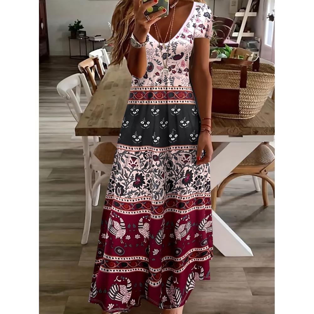 Casual Stylish Floral Print Round Neck Dress, Short Sleeve Pocket Dress, Suitable for Spring And Summer, Women'S Clothing