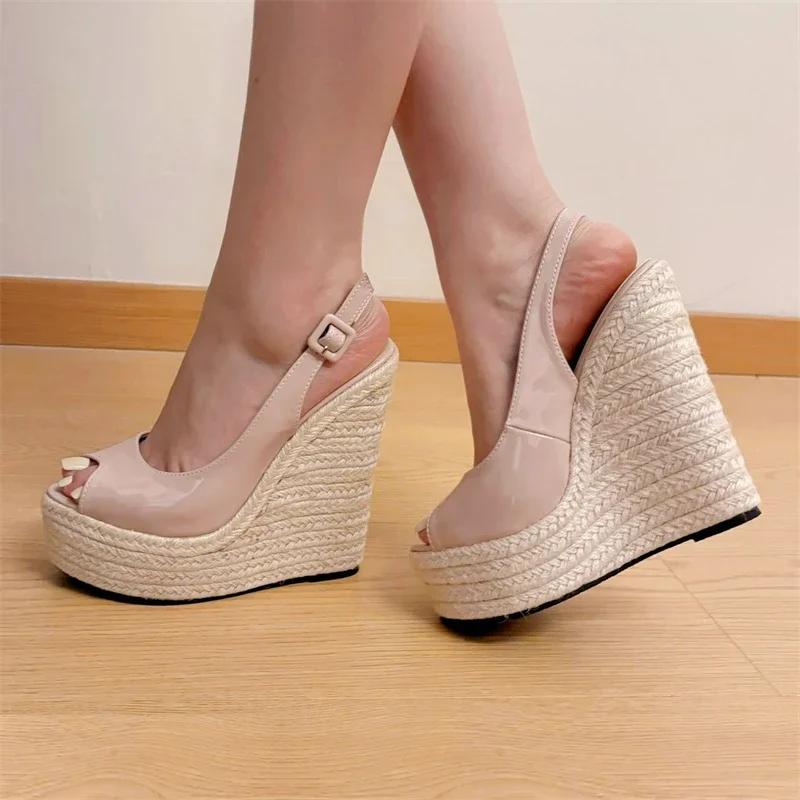 Summer Peep Toe Wedges Platform Women's Sandals Designer Straw Weave Buckle Strap High Heels Banquet Party Shoes