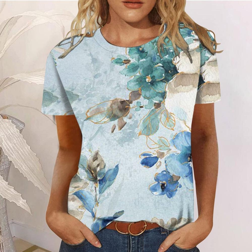 

Летняя женская футболка с круглым вырезом, темпераментная, элегантная, дышащая, с коротким рукавом, с цветочным узором, топ, свободная, повседневная женская футболка 6XL