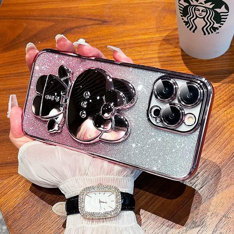 Verlaufs-Galvanisierungs-Linsenfolie Geeignet für iPhone 16 Handyhülle Apple 15 Kaninchen Make-up Spiegel Halterung Vollabdeckung Weiche Hülle