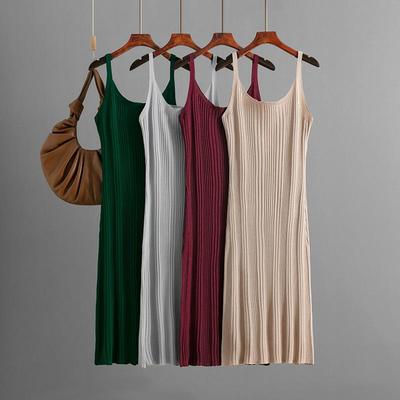 Sexy Slim Fit Slimming Waist Cinching Knitted Dress Summer Simple Solid Color Suspender Long Skirt