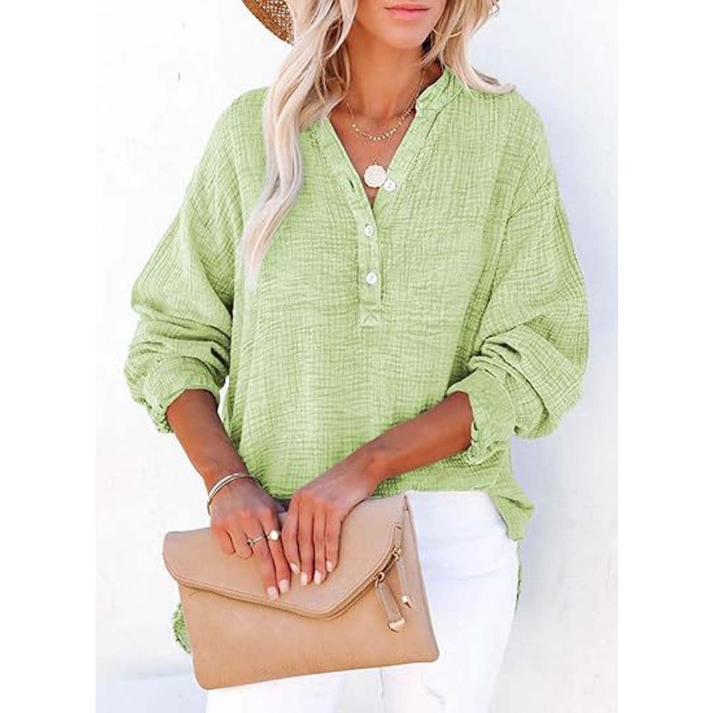 Women's V-Neck Long Sleeve Solid Color Casual Fashion Henley Blouse Shirt Top