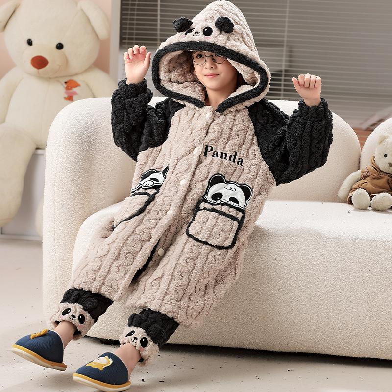 Kids Flannel Pajamas Set Boys Girls Warm Long Sleeve Top And Pants Sleepwear Winter Home Nightwear