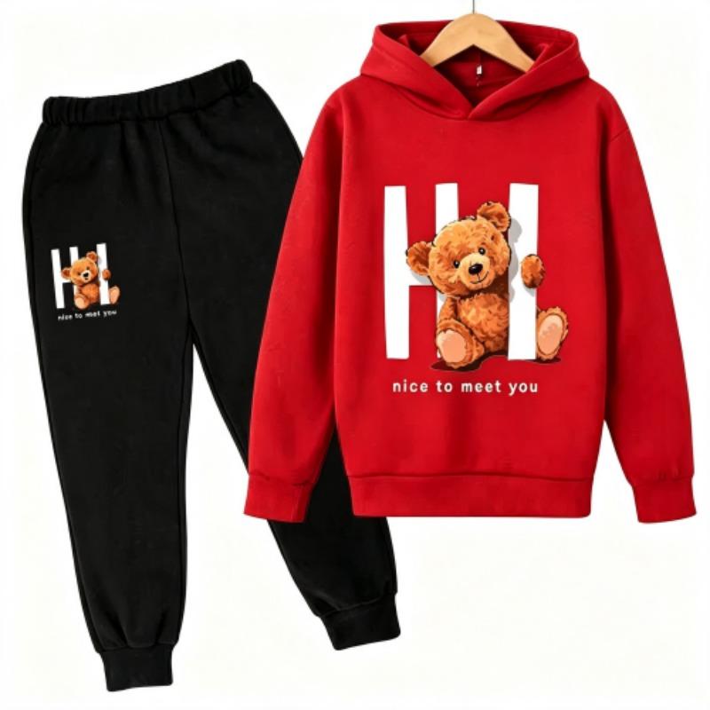 Spring Autumn Fashion Kawaii Anime Cartoon Teddy Bear Print Kids Pullovers Pants 2-piece Set Street Casual Fashion Hoodies Vintage Boy's Girl Clothes