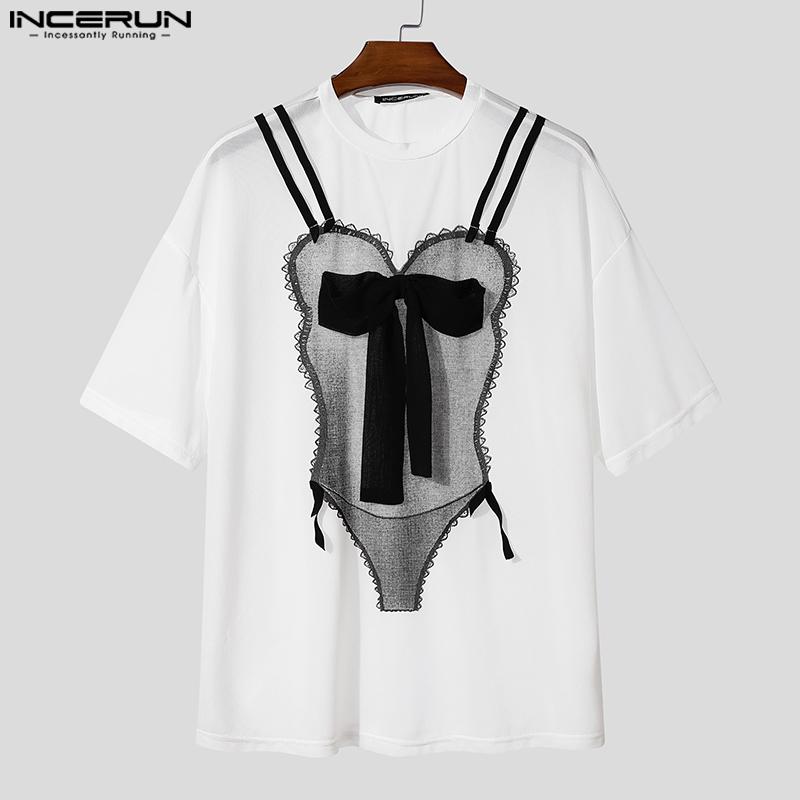 INCERUN Men Short Sleeves Funny Print See Through Casual Losee Tee Tops