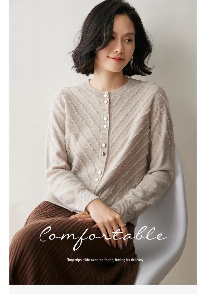 Women's Cashmere Terry Loop Cardigan - Autumn/Winter 2026 Round Neck Wool Knit Sweater, Versatile Outerwear.