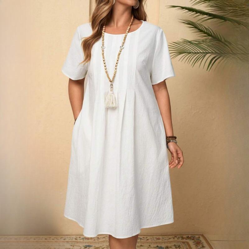 

GMXIA Spring Summer Vintage Loose Pockets Solid Colour O-Neck Women s Cotton Linen Dresses L белый