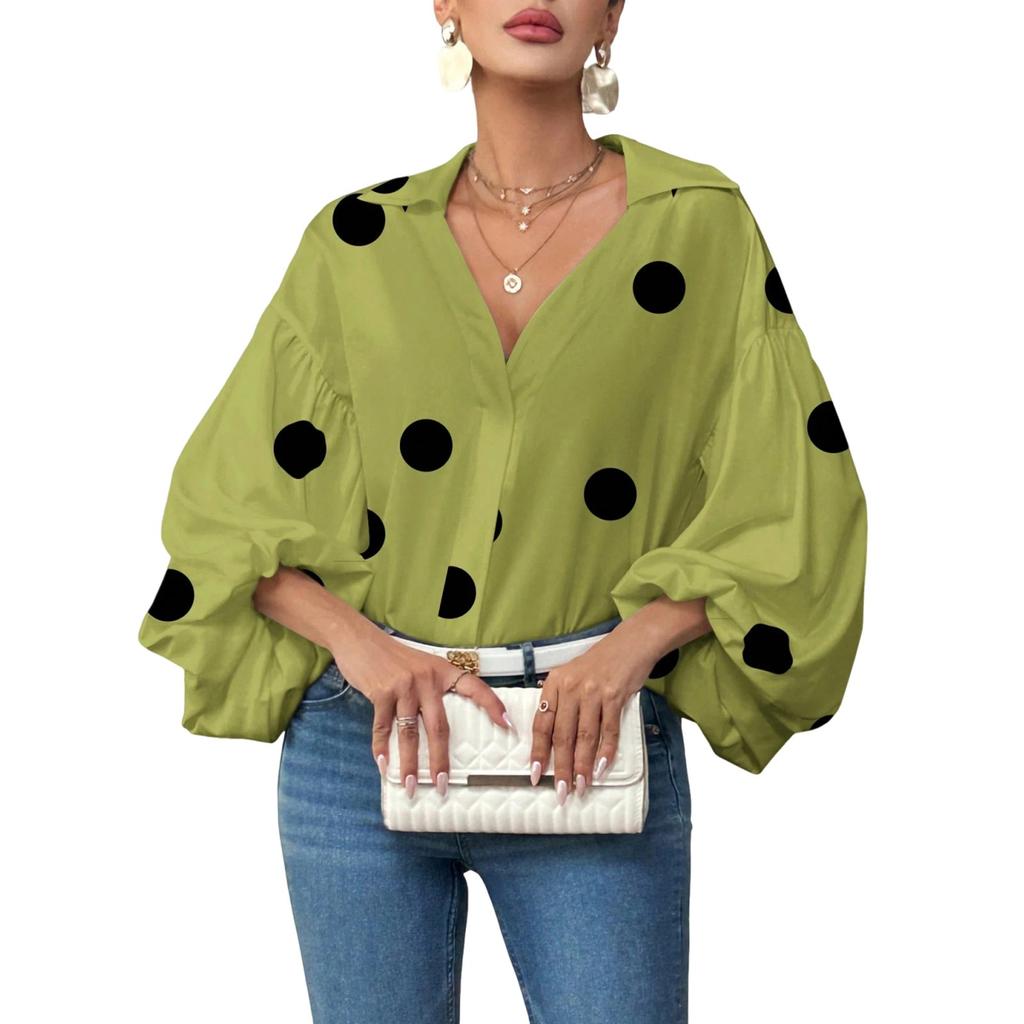 Women's  Casual French Polka Dot Half Open Neck Loose Bubble Long Sleeve Top