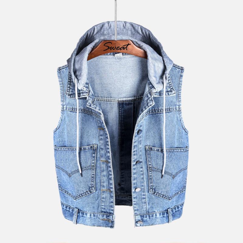 Hooded Korean Style Denim Vest for Women - Versatile Plus Size Outerwear for Spring, Autumn, Winter