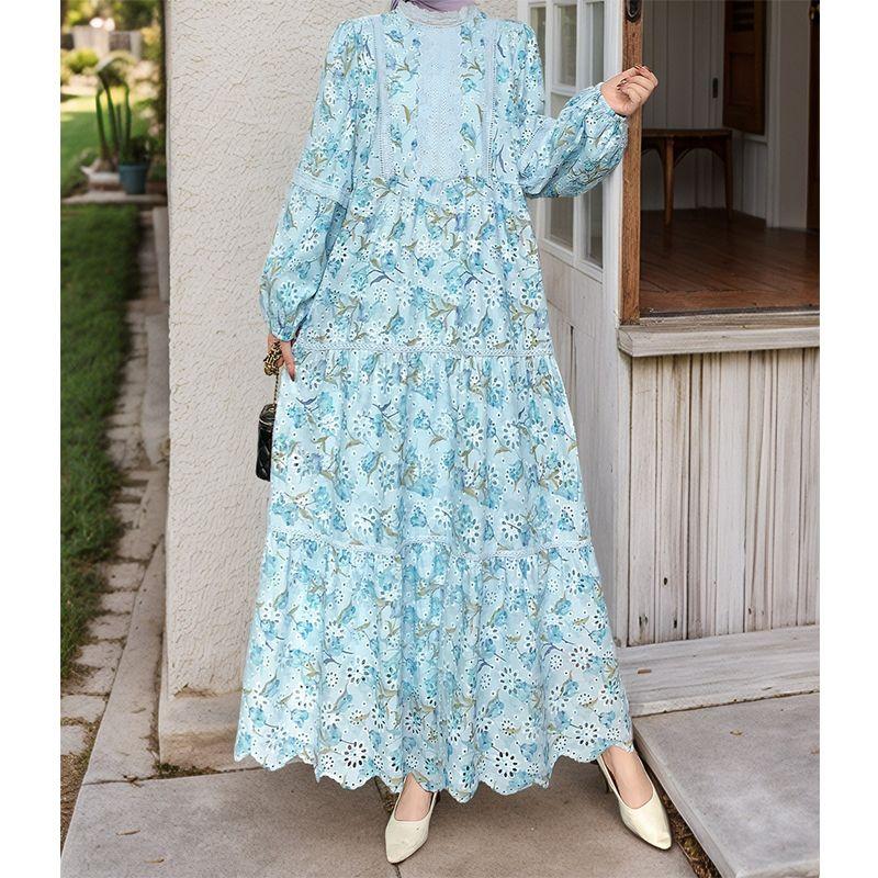 2025 Amazon Middle East New Dress Fashion Print Embroidery Lace Stitching Long Dress Dress