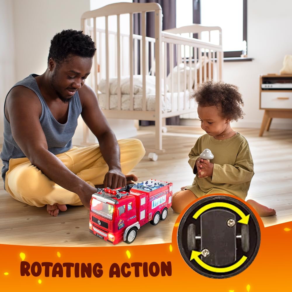 Zetz Brands Electric Fire Truck Toy for Kids - Bright Flashing 4D Lights and Realistic Siren with Sounds  Bump and Go Fire Truck for Boys  Auto