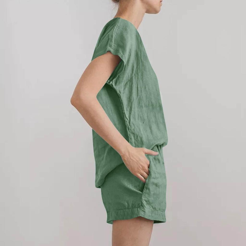 Dámské letní dvoudílné sety, volný top s kulatým výstřihem a krátkým rukávem, jednobarevné kraťasy, cestovní outfity