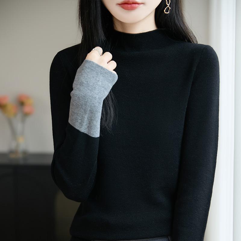 

New Autumn and Winter Color-blocking and Patchwork Sweater, Long-sleeved Semi-high Neck, Slimming and Form-fitting Base Layer for Women M