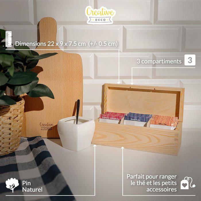 Boîte Rangement Thé en Bois Naturel Creative Deco 3 Compartiments Diviseurs Amovibles 22 x 9 x 7,5 cm