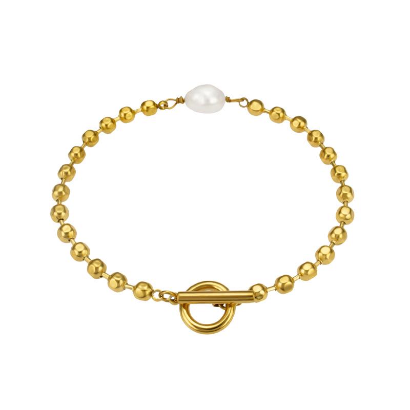 Natural Freshwater Pearl  Gold Beads Titanium Steel Bracelet with Elegant OT Clasp 18K