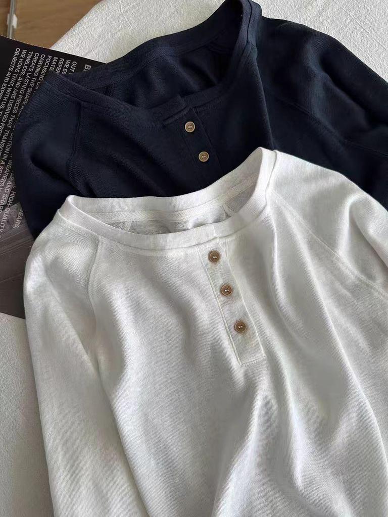 Women's Korean Style Pure Cotton Slimming Long Sleeve T-Shirt with Three-Button Detail - Autumn Casual Wear