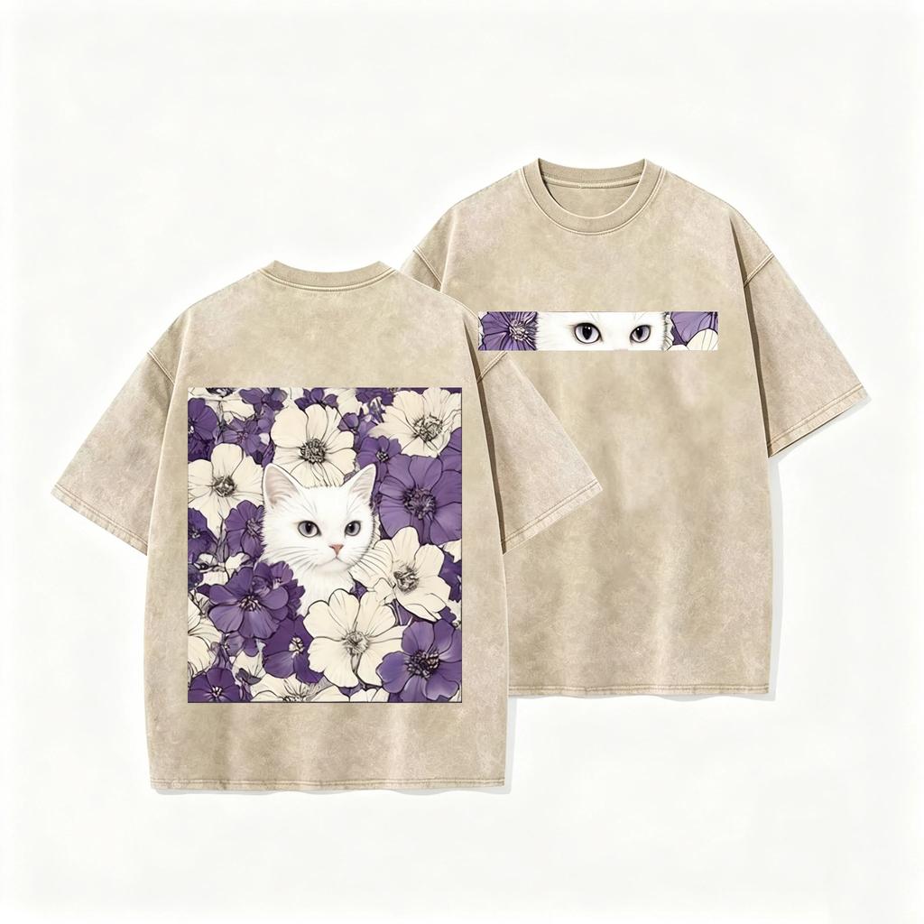 Double Sided Animal Pattern Print Vintage Washed T Shirt Oversized Cotton Aesthetic Kawaii Casual Short Sleeve Streetwear Tee