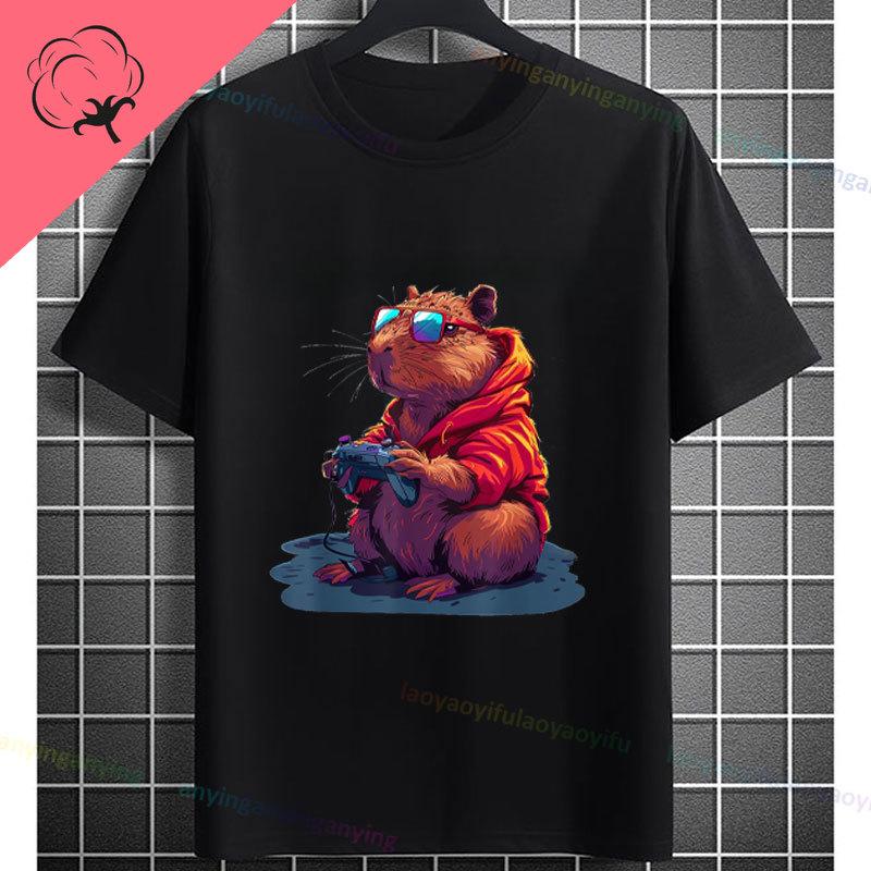 Funny Gamer Capybara Graphic Tshirt Cool Black Casual Tee With Fashion Glasses  Video Game Controller Design For All Seasons