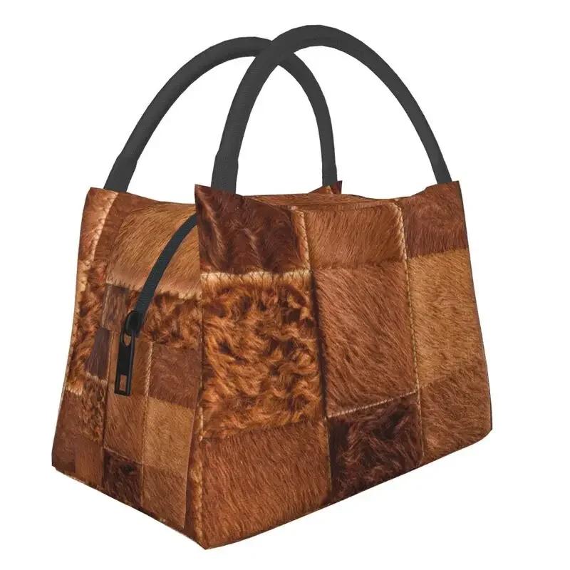 Scottish Highland Cow Cowhide Texture Thermal Insulated Lunch Bag Animal Hide Leather Lunch Container for Picnic Meal Food Box