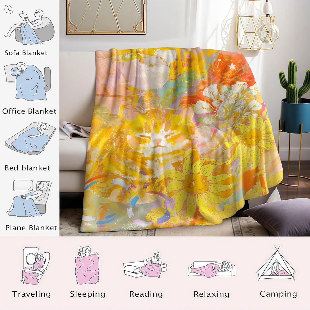Sunny Cat Floral Collage Flannel Blanket Warm Soft Halloween Christmas Couch Warm Cozy Decorative Decor Gift for All Season