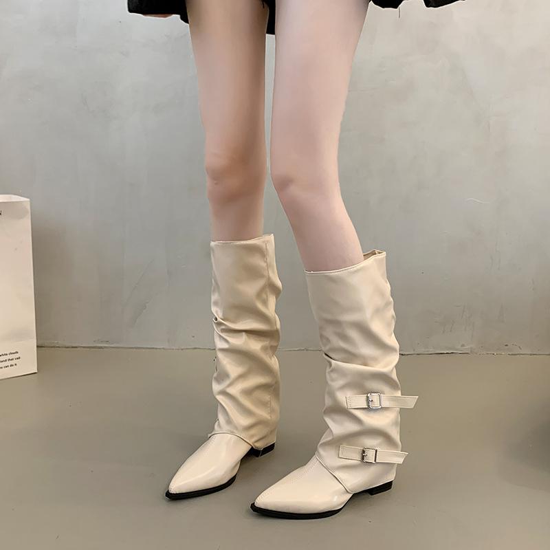 Retro thick heel pants boots pointed boots long boots women's 2025 new autumn and winter black stacking boots long knight boots