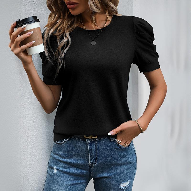 Summer Casual Puff Short Sleeve Women T-shirt O Neck Simple Office Ladies Fashion Elegant Women's Top Solid Color Basic Simple Shirt