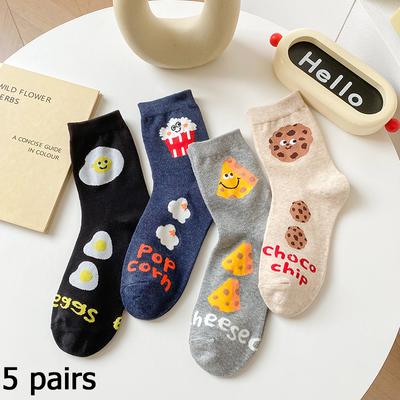 5 Paar Damen-Socken aus reiner Baumwolle mit niedlichem Cartoon-Motiv (Kekse, Käse, mittellang), atmungsaktiv und schweißabsorbierend
