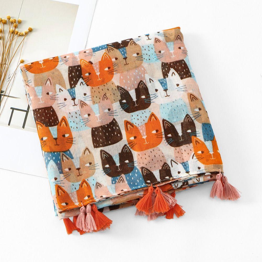 Bohemian Cat Pattern Tassel Scarf Large Ethnic Style Wrap Retro Animal Print Scarves  Vacation