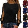 Women's Crew Neck Lace Mesh Long Sleeve T-shirt Casual Sequin Tee Shirts Baggy Tunic Jumper