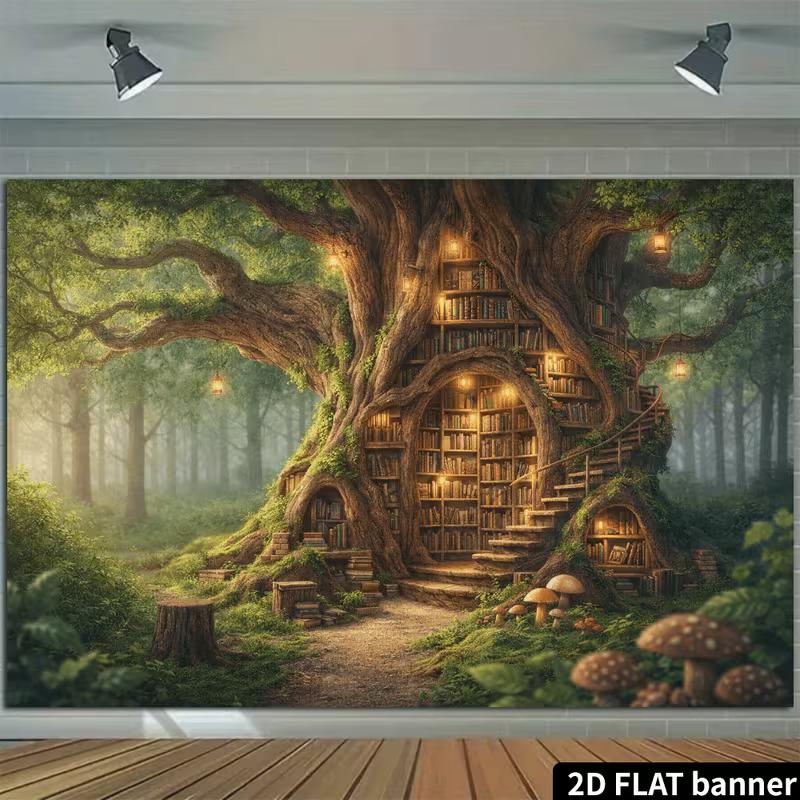 2D Whimsical Tree Library Tapestry, Aesthetic Enchanted Forest Wall Hanging