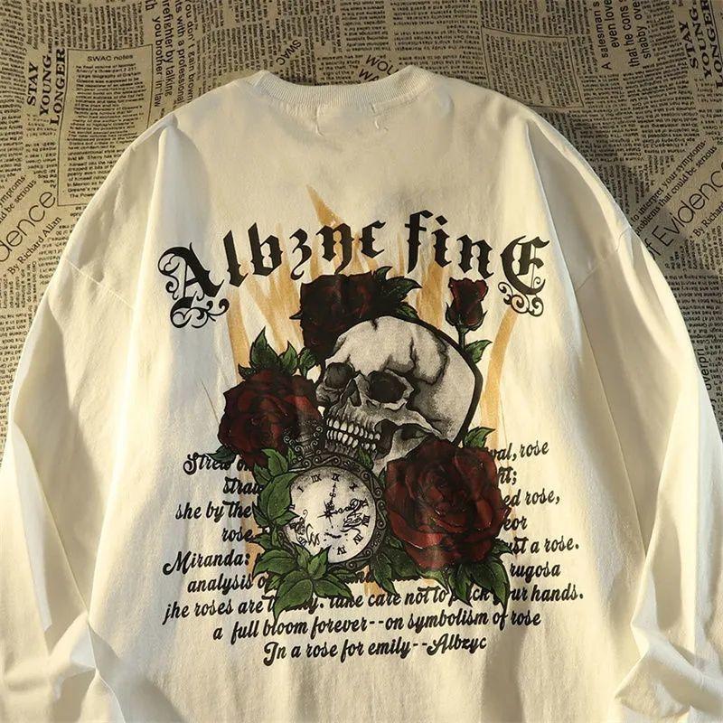 

Fashion Brand Rose Skeleton Long-sleeved Sweatshirt Men s Loose Ins Dark Style Thin Oversize Top S белый