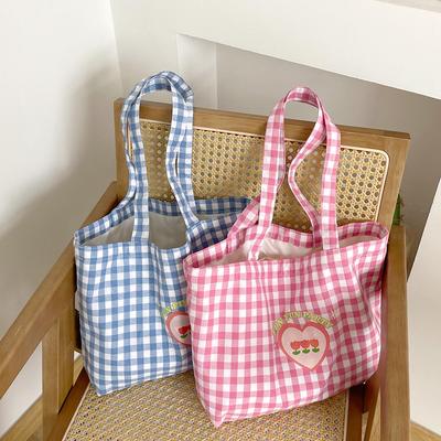 Bolsa de Ombro de Lona Xadrez Série Doce Fresco - Grande Capacidade para Estudantes