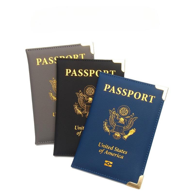 New US Passport Holder Leather Thin Passport Covers Golden Copper Corner Id Card Holder Plane Ticket Holder Travel Accessories