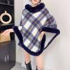 Women Plaid Print Poncho Pullover Soft Fleece Shawl Collar White Background Cozy Winter Cape Top
