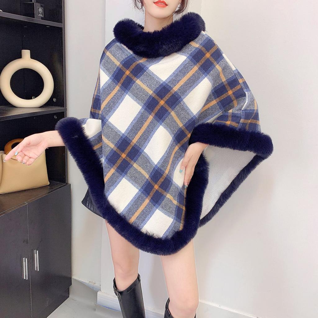 Women Plaid Print Poncho Pullover Soft Fleece Shawl Collar White Background Cozy Winter Cape Top