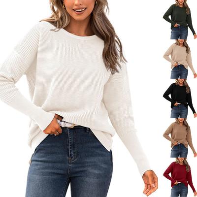 Autumn Winter Round Neck Batwing Sweater Women's Ribbed Knit Split Hem Luxurious Loose Pullover Slimming Versatile Casual Top