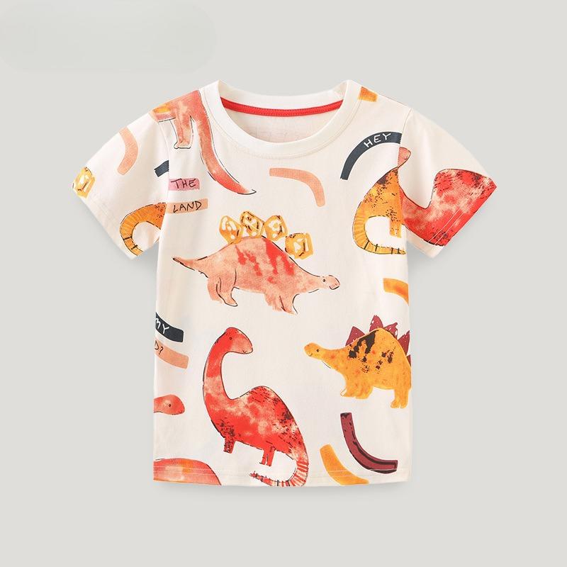 Fashionable Children's T-Shirt Summer Short-Sleeved T-Shirt for Young Children Cartoon Dinosaur Print Knitted Cotton Crew Neck Top