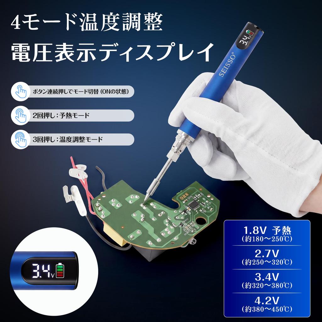 SEISSO Soldering Iron with 3 Tips, USB Rechargeable, Japanese Instruction Manual, Digital Display, Adjustable Temperature (180-450℃), Cordless, Portab