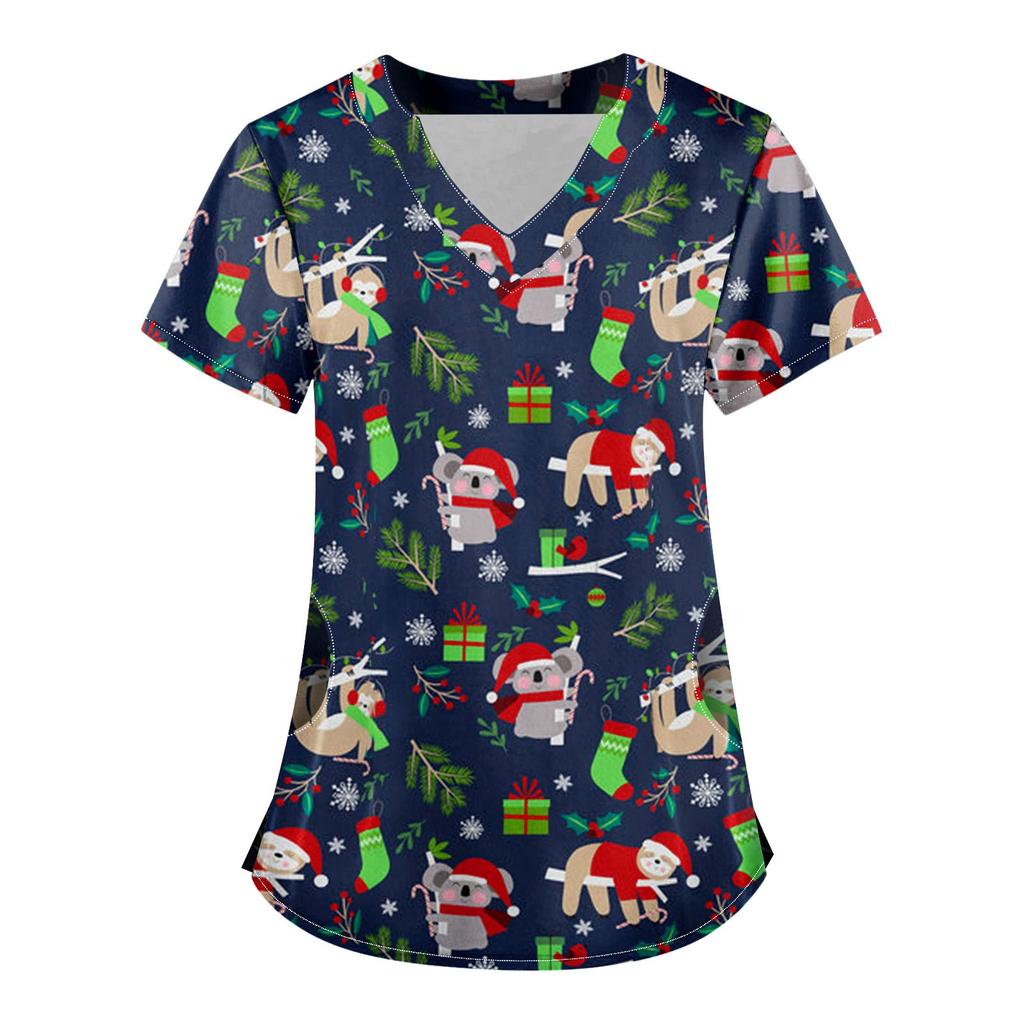 Women Short Sleeve V Neck Christmas Cartoon Pattern Tops Pocket Working T-shirts Non-positioning Print